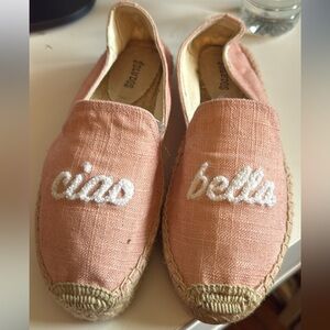 Soludos Pink Espadrilles 38 with White Embroidery Ciao Bella on toes